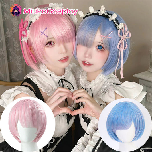 【In Stock】Anime Re: Zero - Starting Life in Another World Cosplay Rame Pink Short Bob Cosplay Wig Rem Blue Short Bob