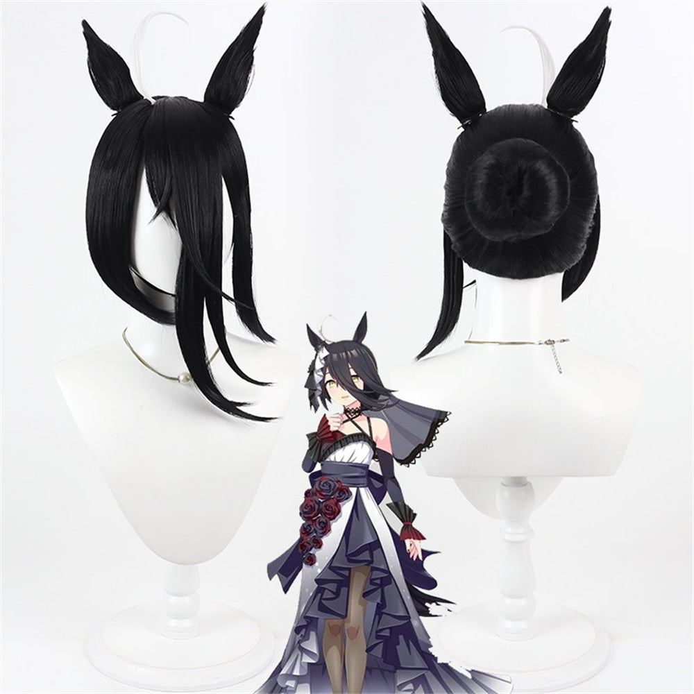 【In Stock】Game Umamusume:Pretty Derby Cosplay Manhattan Cafe Black Wedding Dress Cosplay Wig With Ears and Tail