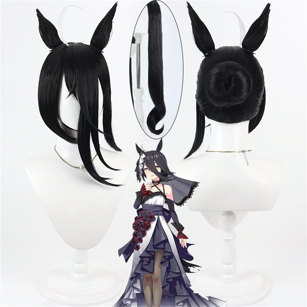 【In Stock】Game Umamusume:Pretty Derby Cosplay Manhattan Cafe Black Wedding Dress Cosplay Wig With Ears and Tail