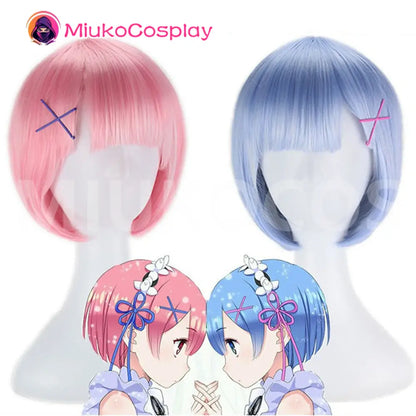 【In Stock】Anime Re: Zero - Starting Life in Another World Cosplay Rame Pink Short Bob Cosplay Wig Rem Blue Short Bob