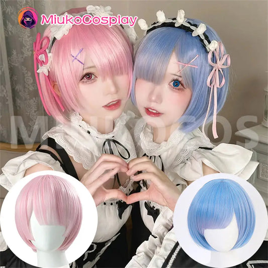 【In Stock】Anime Re: Zero - Starting Life in Another World Cosplay Rame Pink Short Bob Cosplay Wig Rem Blue Short Bob