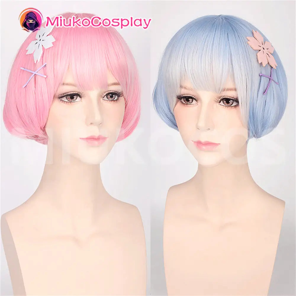 【In Stock】Anime Re: Zero - Starting Life in Another World Cosplay Rame Pink Short Bob Cosplay Wig Rem Blue Short Bob