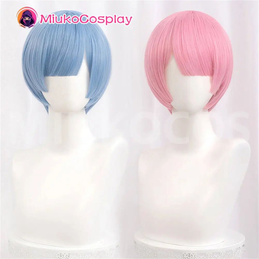 【In Stock】Anime Re: Zero - Starting Life in Another World Cosplay Rame Pink Short Bob Cosplay Wig Rem Blue Short Bob